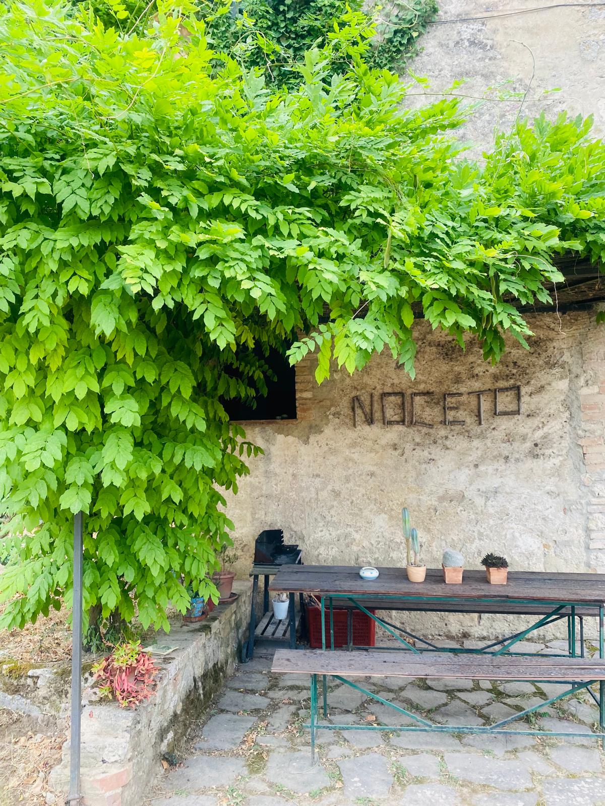 L'ingresso del podere Noceto con il glicine e la scritta in ferro