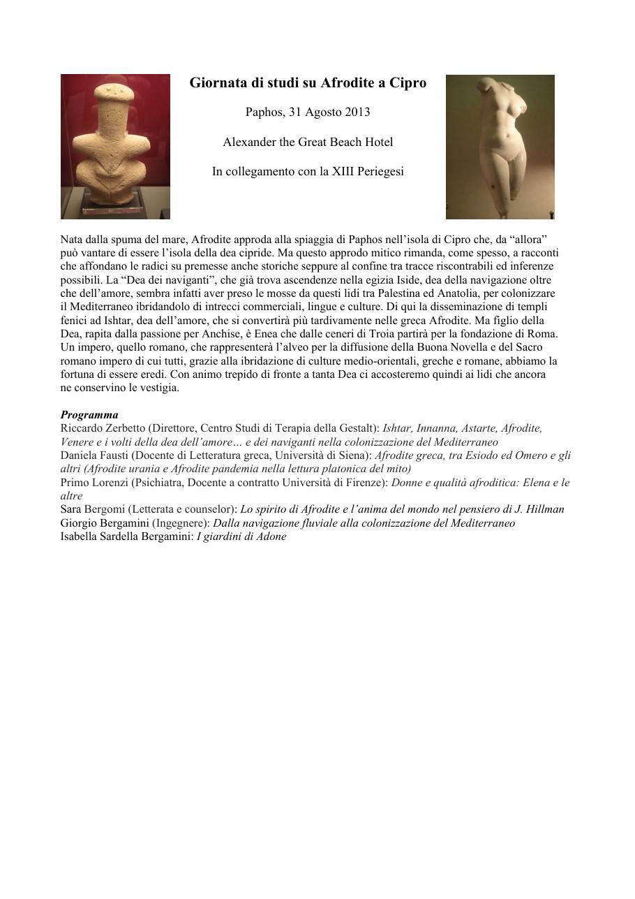 Locandina della giornata di studi 2013 a Cipro su Afrodite