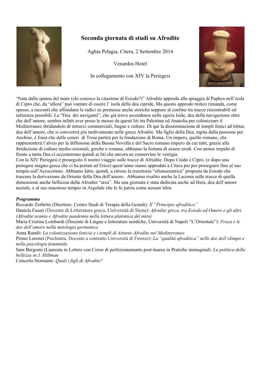 Locandina della giornata di studi 2014 a Citera su Afrodite